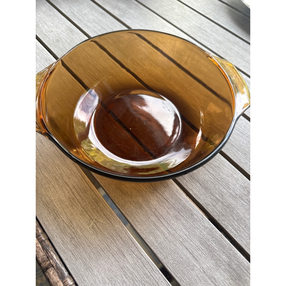 Vtg Anchor Hocking Fire King Amber Glass Casserole  1.5 Qt 437 USA Round no lid